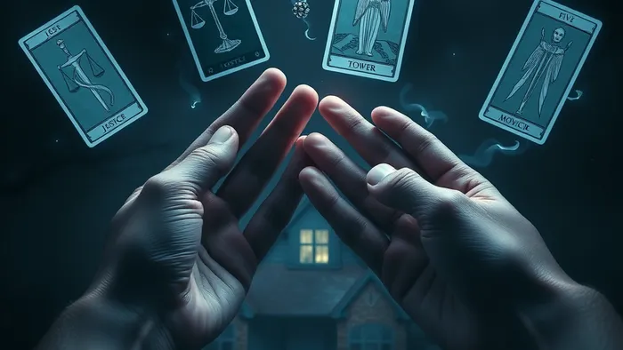 Символическое изображение двух рук над полупрозрачным домом с картами Таро Правосудие, Башня и Пять Мечей, парящими вокруг. Конфликт доверия и инвестиций.