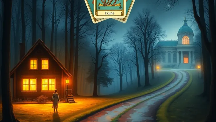 Символическое изображение выбора: тёплый семейный дом на одной дороге и университет-мечта на другой. Над развилкой парят карты Таро: Императрица, Колесница и Четверка Пентаклей.