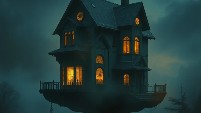 Сюрреалистичный образ дома из сна, парящего в туманном пейзаже. Архитектура смешанная, в структуре угадываются символы карт Таро.