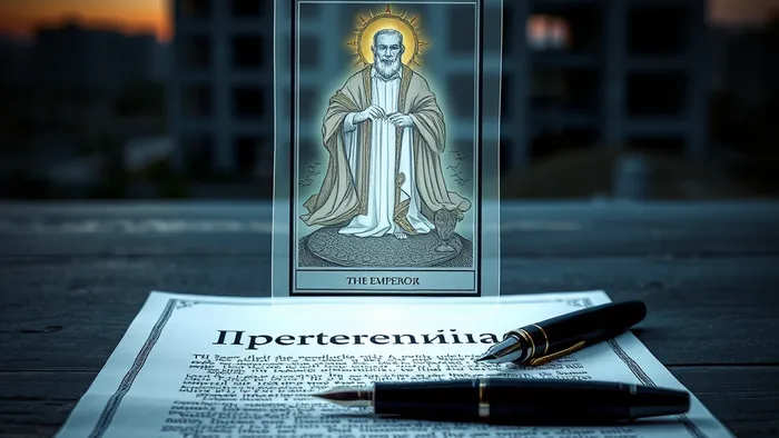 Концептуальное изображение: юридическая претензия и карта Таро Император на фоне недостроенного дома символизируют защиту прав дольщика.
