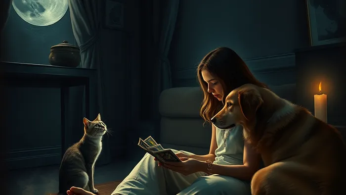 Человек сидит на полу с картами Таро, кошка смотрит в угол с темной энергией, собака защищает хозяина. Мистическая сцена диагностики энергии дома.