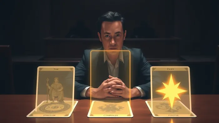 Символическое изображение подготовки к суду: человек в строгой одежде сидит за столом, перед ним три светящиеся карты Таро (Император, Сила, Звезда), олицетворяющие стратегию, самообладание и надежду в юридической процедуре.