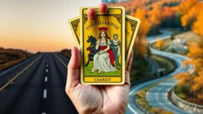 Визуализация дилеммы выбора маршрута: прямая трасса и извилистая горная дорога, разделённые изображением карт Таро (Колесница, Императрица, Шут) в центре.