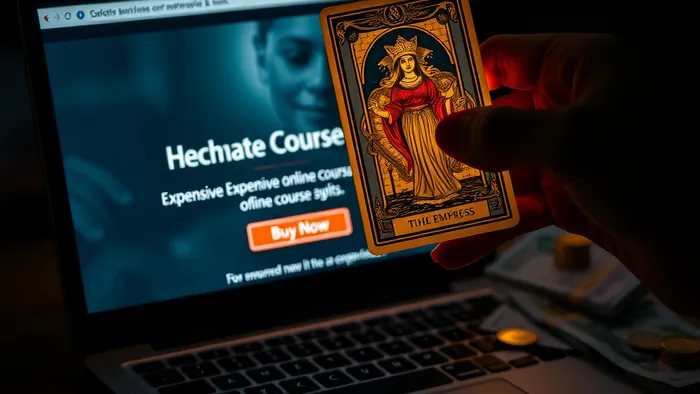 Символическое изображение принятия решения о покупке дорогого курса с помощью карты Таро Императрица, лежащей на клавиатуре ноутбука.