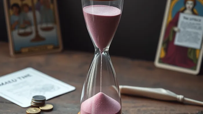 Символическое изображение переговоров об алиментах: песочные часы с тремя слоями песка на старом столе, окруженные монетами, детским рисунком и картами Таро.