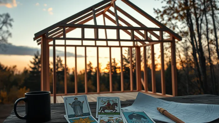 Недостроенный деревянный каркас дачного дома осенью. На столе с чертежами разложены карты Таро: Император, Колесница и Пентакли.
