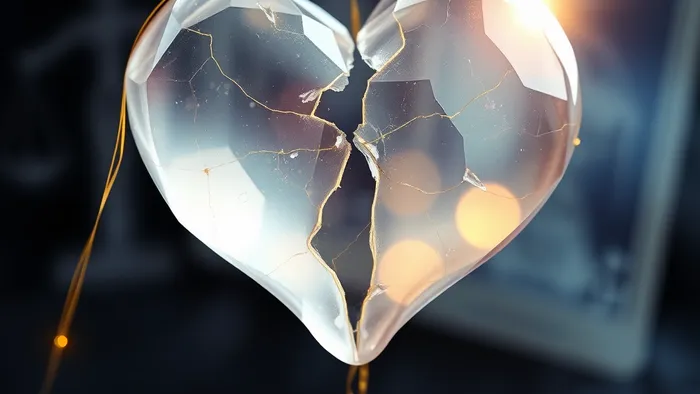 Символическое изображение исцеления разбитого доверия: хрустальное сердце, скрепляемое золотыми нитями света, на фоне арканов Таро Правосудие, Умеренность и Звезда.