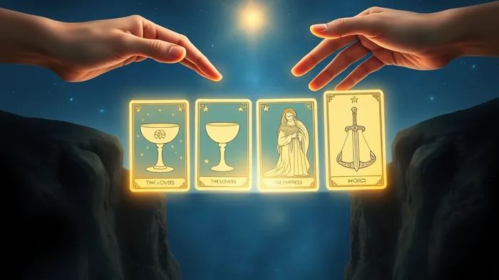 Символическое изображение доверия в паре через призму Таро: руки тянутся друг к другу через пропасть по мосту из светящихся карт на фоне звёздного неба.