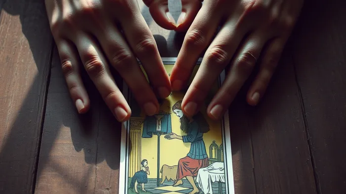 Символическое изображение дилеммы чувств: руки над картой Таро 'Влюбленные'.