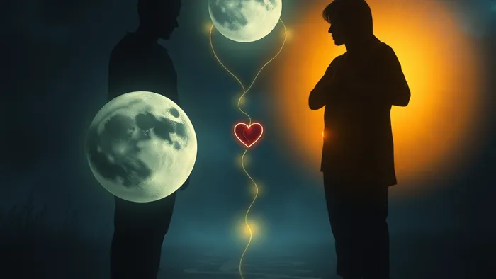 Символическое изображение выбора: две фигуры на перекрестке, освещенные картами Таро Луна и Солнце, между ними нить дружбы. Мистическая атмосфера.