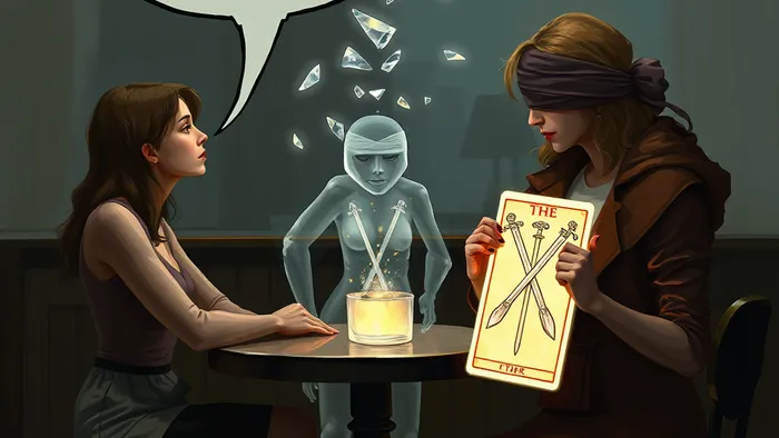 Символическая сцена: две женщины за столом, между ними — призрачная фигура партнёра. Слова одной превращаются в острые кристаллы, вторая держит перед собой карту Таро Двойка Мечей как щит.