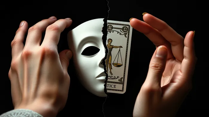 Символическое изображение выбора: две руки и разбитая маска доверия между ними. Карта Таро Справедливость как символ решения.