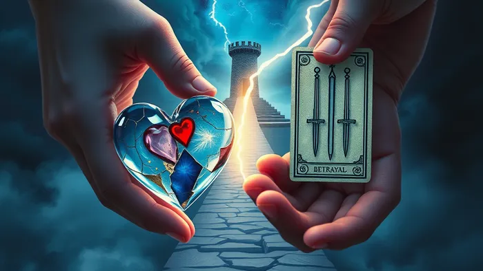 Символическое изображение выбора после предательства: две руки, разделенные трещиной света, держат разбитое сердце и карту Таро Двойка Мечей. На заднем плане — развилка между Башней и звездной рекой.