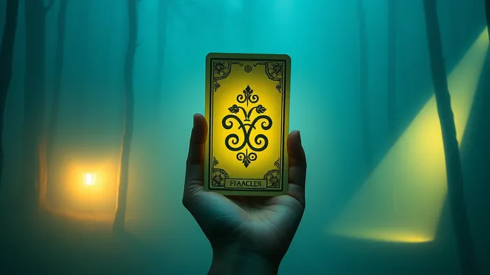 Символическое изображение выбора между дружбой и карьерой. Две расходящиеся тропинки в лесу и карта Таро Двойка Пентаклей в центре как символ баланса.