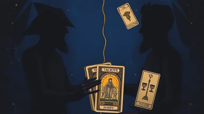 Символическое изображение двух людей и карт Таро, иллюстрирующее разрыв в общении и поиск ответов с помощью колоды.