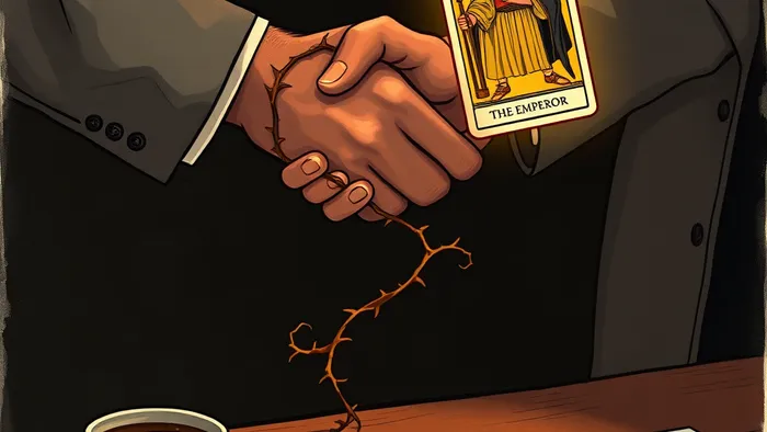 Символическое изображение рукопожатия друга и бизнес-партнёра, опутанного шипами. Рядом карта Таро Император.