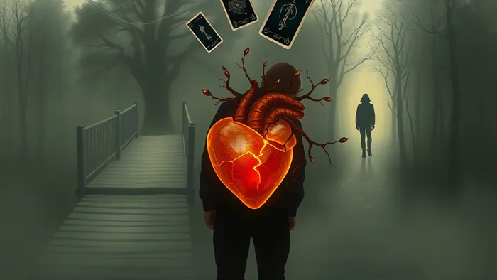 Символическое изображение выбора между дружбой с бывшим и дистанцией. Человек на перепутье, его сердце связано нитями с прошлым. В воздухе парят карты Таро, символизирующие иллюзии и жертвенность.