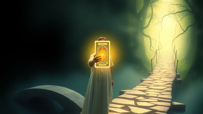 Символическое изображение выбора на перепутье: каменный мост стабильности и хрупкий мост света из общих интересов. В руках у человека светящаяся карта Таро.