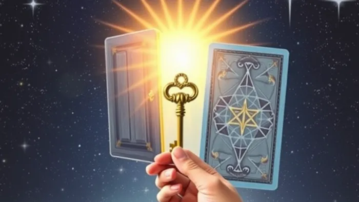 Символическое изображение выбора между двумя дверями в пространстве Таро. Одна дверь излучает тёплый свет (масть Кубков), другая — солидна и геометрична (масть Пентаклей). Рука с ключом-картой Таро в нерешительности.