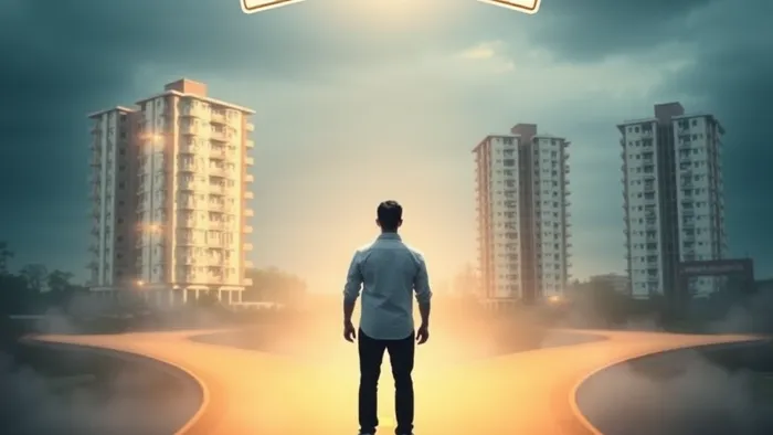 Человек на перекрёстке выбирает между одной сияющей элитной башней и двумя простыми домами в разных районах. В воздухе парят карты Таро: Император, Колесница и Пентакли.