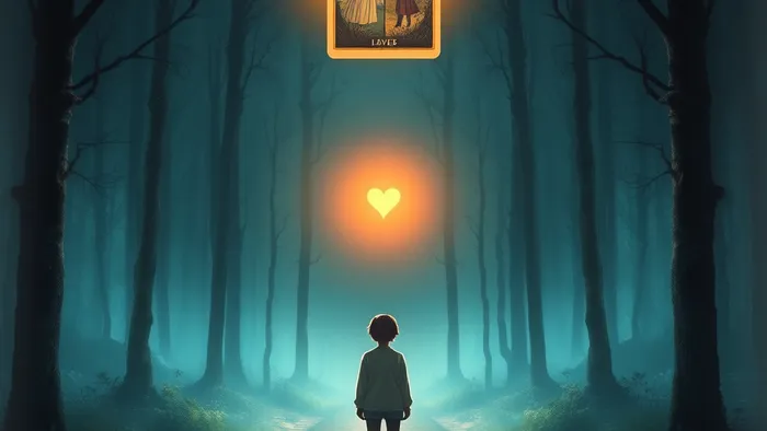 Символическое изображение выбора между двумя путями с парящей картой Таро Влюбленные у сердца человека