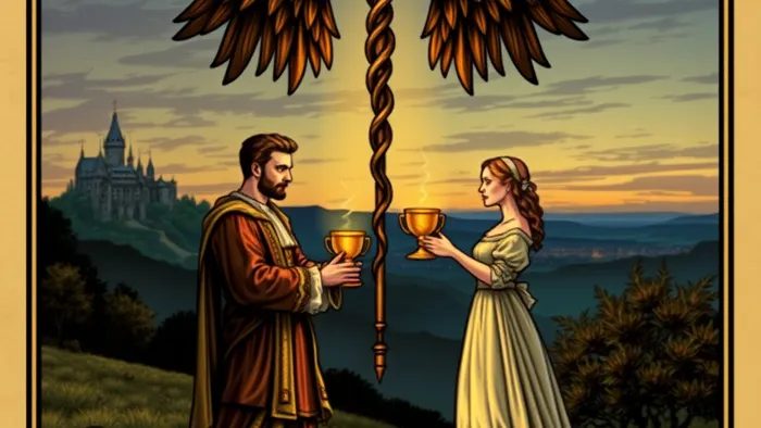 Иллюстрация карты Таро Двойка Кубков: мужчина и женщина обмениваются золотыми чашами под крылатым жезлом Кадуцея на фоне пейзажа.