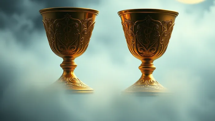 Символическое изображение двух золотых чаш, парящих в пространстве, олицетворяющих гармоничный обмен и союз Двойки Кубков Таро.