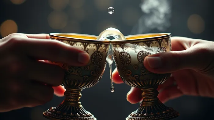 Крупный план двух старинных кубков, соприкасающихся друг с другом, символизирующих обмен и соединение как в карте Таро Двойка Кубков.