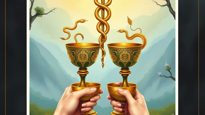 Символическое изображение карты Таро Двойка Кубков: два кубка, посох Кадуцея и львиная голова на фоне умиротворённого пейзажа, символизирующие гармоничный союз и взаимный обмен.