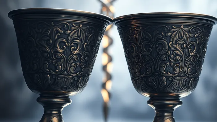 Две серебряные чаши почти соприкасаются на фоне размытого символа кадуцея. Символ зарождающейся связи в Таро.