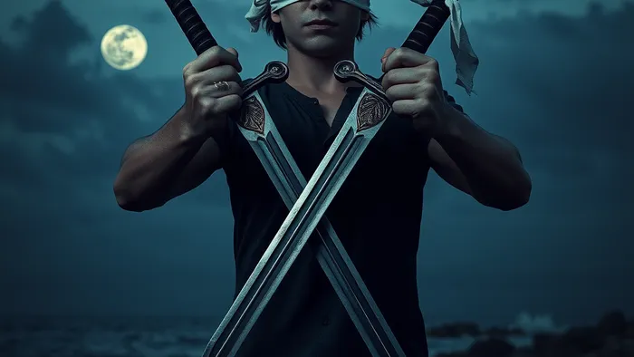 Символическое изображение Двойки Мечей: руки человека скрестили два меча перед собой на фоне моря в сумерках, на глазах — повязка.