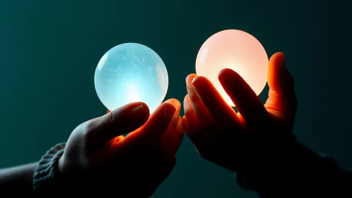 Две руки держат два светящихся жезла над глобусом, испещренным сеткой энергетических линий. Символ практики Двойки Жезлов — управление полем и потенциалом.