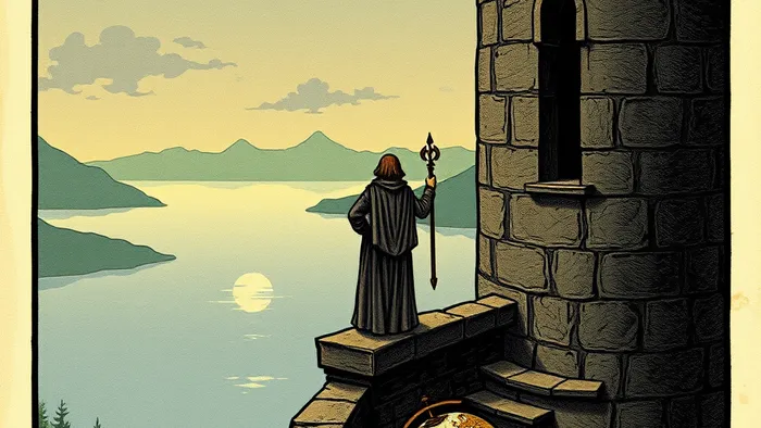 Иллюстрация карты Таро Двойка Жезлов: человек на стене замка держит жезл и смотрит вдаль на море и горы.