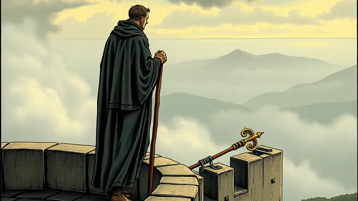 Иллюстрация карты Таро Двойка Жезлов: фигура на крепостной стене держит жезл и смотрит на горизонт, второй жезл лежит рядом.