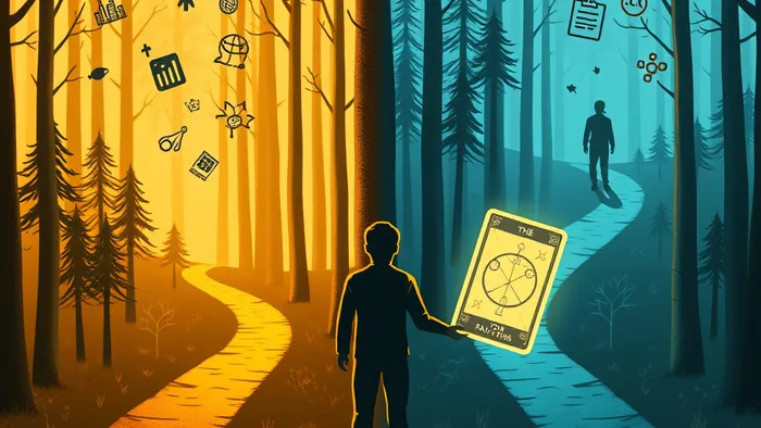 Символическое изображение дилеммы выбора ниши: две расходящиеся тропы в лесу (детская и взрослая), основатель на распутье держит светящуюся карту Таро.