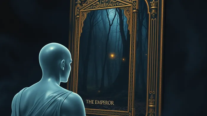 Символическое изображение: эго в виде полупрозрачной фигуры смотрится в зеркало-карту Таро Императора, в отражении виден лес бессознательного с архетипами других Старших Арканов.