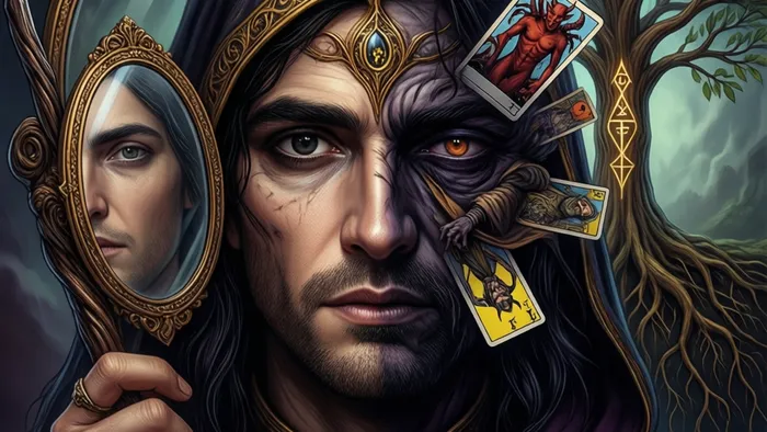 Символическая иллюстрация архетипа Эго в Таро: лицо, разделенное на светлую сознательную часть (Маг) и темную бессознательную (Тень), на фоне дерева психики.
