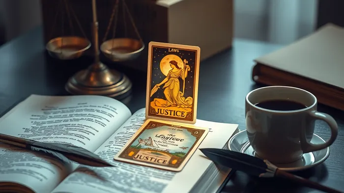Символичное рабочее место: книга законов, карта Таро 'Правосудие', весы и перо. Воплощение темы экзамена на адвоката через эзотерическую призму.