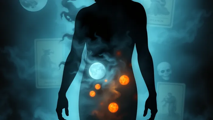 Символическое изображение внутреннего конфликта, проявляющегося через кожу: силуэт человека с прозрачной кожей, сквозь которую видны бури эмоций, и светящиеся участки экземы на поверхности. На фоне — образы карт Таро.