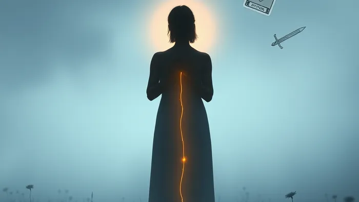 Символическое изображение человека, освобождающегося от тонкой светящейся нити, тянущейся вдаль. Вокруг парят карты Таро, символизирующие уход и выбор.