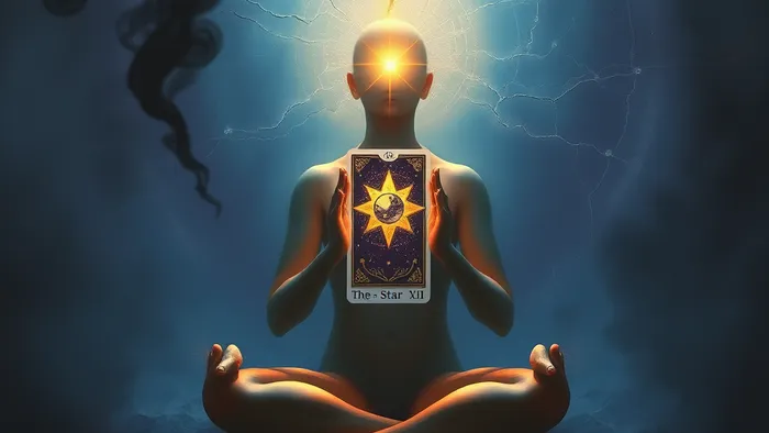 Символическое изображение восстановления энергетического поля человека с помощью светящейся карты Таро Звезда.