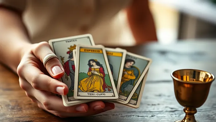 Материнские руки держат карты Таро, символизирующие поиск семейного счастья для взрослой дочери. На столе видны арканы Императрица и 10 Кубков.