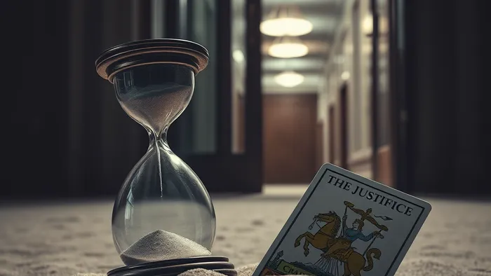 Символическое изображение: опрокинутые песочные часы на фоне двери суда, на песке лежат карты Таро Правосудие и Колесница.