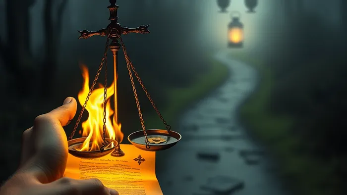 Символическое изображение выбора: весы Правосудия над горящим документом, на фоне две пути — один освещен фонарем Отшельника, другой окутан туманом с призрачными чашами.