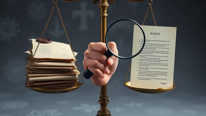 Символическое изображение весов правосудия, на одной чаше — подлинные документы, на другой — призрачная фальшивка. Рука с лупой в нерешительности. На фоне — полупрозрачные арканы Таро: Правосудие и Отшельник.