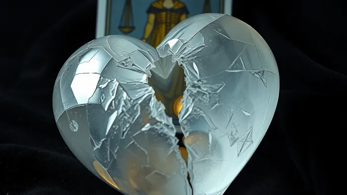 Символическое изображение разбитого хрустального сердца с высыпающимися монетами и картой Таро на заднем плане, как метафора подорванного доверия из-за финансовой нечестности.