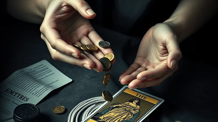 Символическое изображение финансовой созависимости: руки, из которых утекают монеты, и карты Таро Императрица и Пятерка Пентаклей.