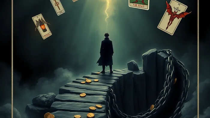 Символическое изображение выбора между финансовой независимостью (свет пути Отшельника) и долговой ловушкой (тьма и цепи Дьявола). Вокруг парят карты Таро, связанные с денежными трудностями и созависимостью.