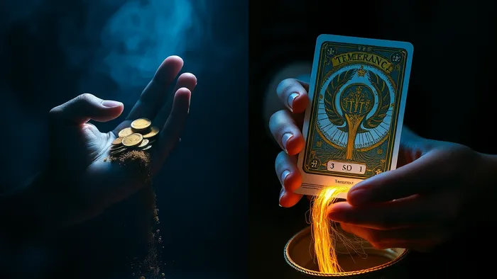 Символическое изображение выбора между концепцией порчи на деньги (тёмная рука, рассыпающиеся монеты) и путём баланса и осознанности (рука с картой Таро Умеренность и поток золотого света в кошелёк).