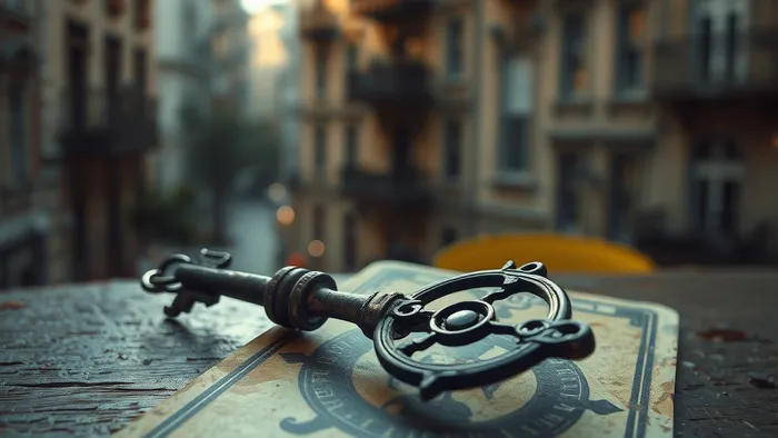 Старый ключ на карте Таро Колесо Фортуны на фоне фасада дореволюционного дома в центре города. Символ выбора и риска в инвестициях в недвижимость.